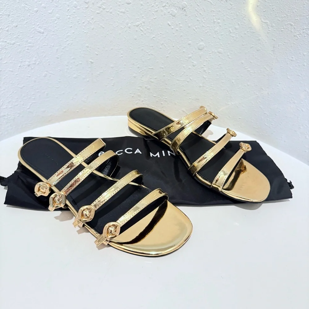 Rebecca Minkoff Gold Buckle Vegan Leather Women’s Sandals Size 7.5 NIB